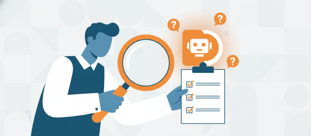 Gestor avaliando uma ferramenta de IA com checklist e pontos de interrogacao, ilustracao nas cores da MercatoIA